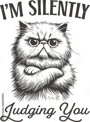 I’m Silently Judging You – Grumpy cat illustration with arms crossed, sarcastic quote design perfect for introverts, pet lovers, and vintage humor fans