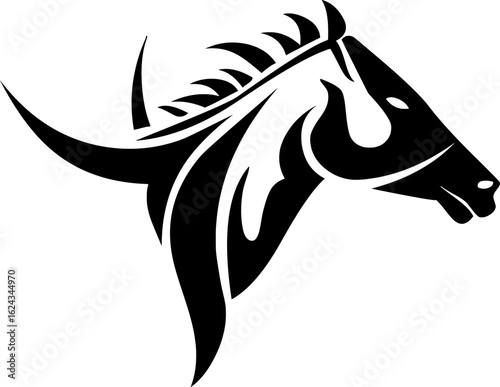 Stylized black and white horse head illustration, ideal for logos, icons, and equestrian-themed graphic designs.