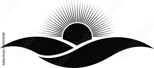 Illustration of a radiant sun rising or setting over gentle waves, , conveying tranquility and the beauty of natures daily spectacle