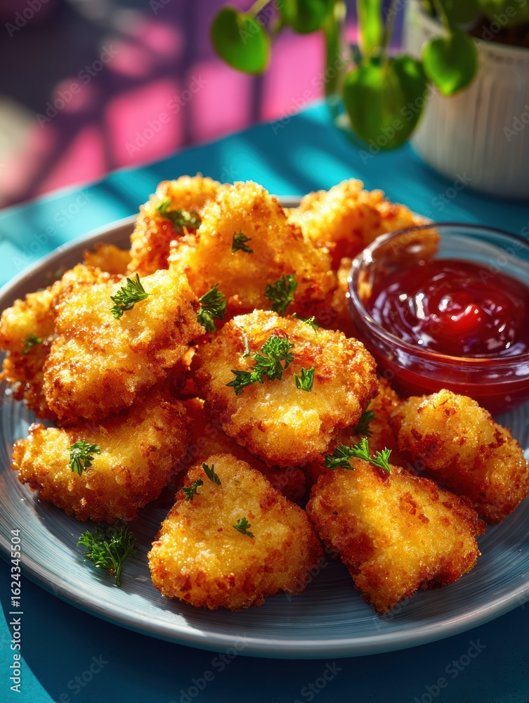 Fototapeta premium National Junk Food Day Crispy Chicken Nuggets with Dipping Sauce for Summer Foodie Millennials Premium Casual Social Media Marketing Campaigns