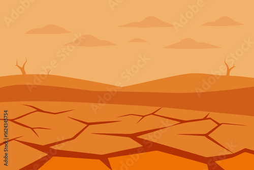 Dry cracked earth landscape with barren trees and clouds