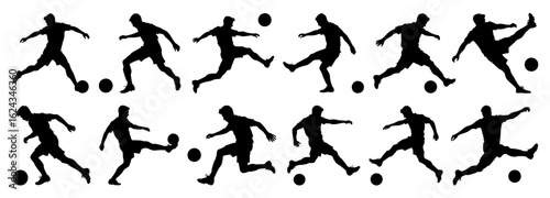 Soccer Player Kicking a Ball in Action Pose, Black Silhouette Vector Collection on White Background