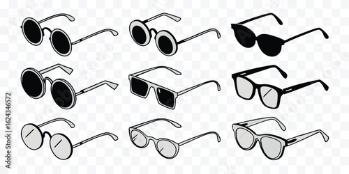Collection of Stylish Sunglasses in Various Shapes and Designs Black and White Illustration for Fashion and Style Related Projects