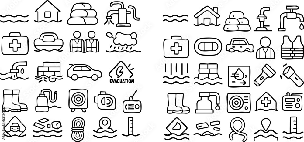 Flood and Disaster Preparedness Line Icons Set. Flood and Disaster Preparedness Line Icons Set.