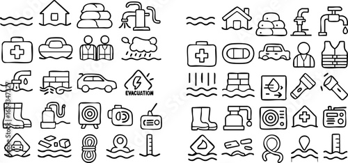 Flood and Disaster Preparedness Line Icons Set.