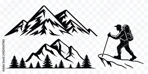 Mountaineering Adventure Vector Illustration Featuring Majestic Mountains and a Lone Hiker Exploring the Great Outdoors