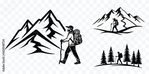 Adventurous Hiker Trekking Through Mountain Landscape Silhouette Illustration for Outdoor Enthusiasts and Travel Destinations Promotion