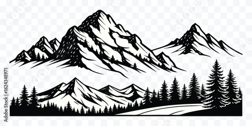 Majestic Mountain Range and Evergreen Forest Silhouette Vector Illustration for Outdoor Adventure Designs and Nature Inspired Artwork
