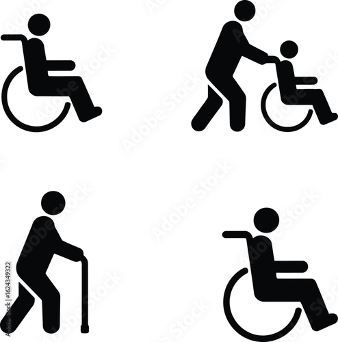 Four black icons of people with disabilities and assistance