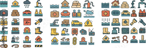 Flood and Natural Disaster Emergency Preparedness Icons.