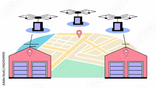 Drones delivering packages from warehouses to destinations isolated on white background