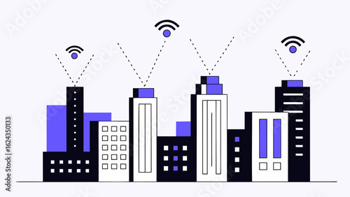 Illustration of a smart city with wireless internet connection isolated on white background
