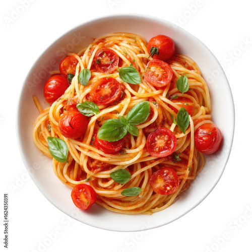 Overhead view of spaghetti with tomato sauce, cherry tomatoes, and basil