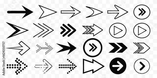Collection of arrow vector graphic illustrations for user interface navigation elements and design forward direction guide and web symbols