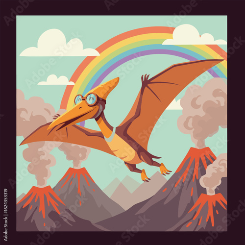 Cartoon pterodactyl wearing goggles flies over volcanoes, a rainbow arches above.