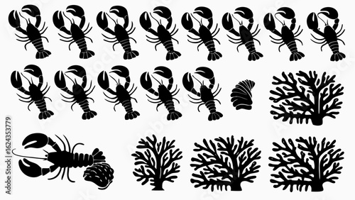 Silhouette illustration featuring lobsters, a seashell, and coral formations arranged in rows and columns