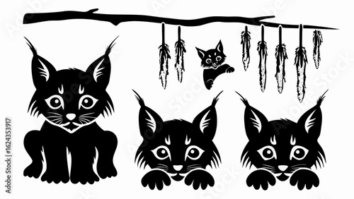 Black and white illustration of lynx and lynx cubs with feathers hanging from a branch design element silhouette
