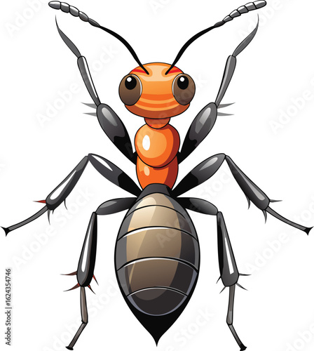 Cartoon orange and black ant with large eyes and segmented body on white background insect illustration