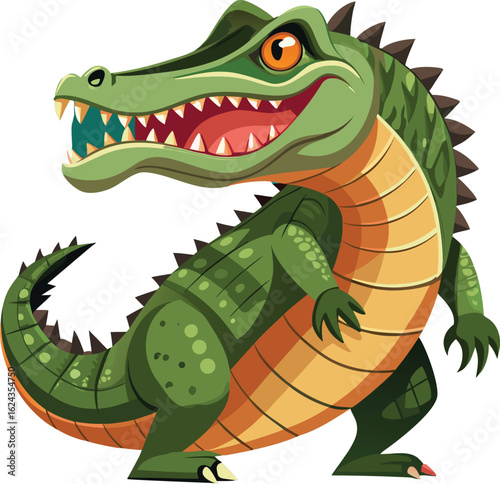 Cartoon green alligator with sharp teeth and orange eye smiling widely crocodile reptile