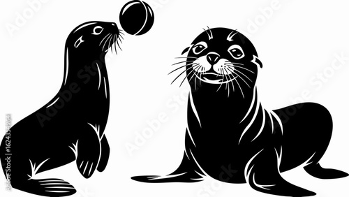 Two playful seals in black silhouette one balancing a ball on its nose other lying down smiling