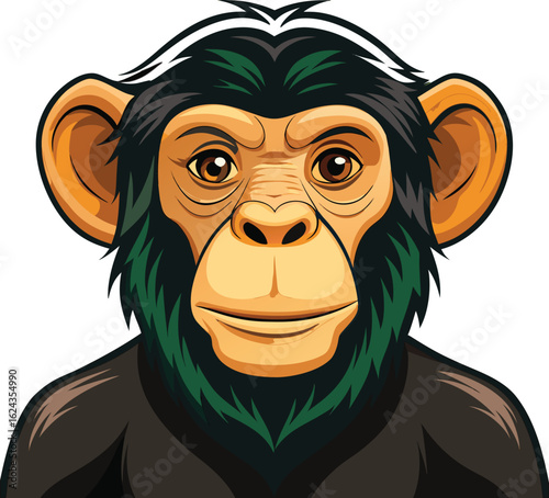 Stylized cartoon chimpanzee face with brown eyes and green accents on dark fur primate animal