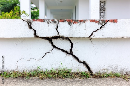 White concrete wall with deep cracks