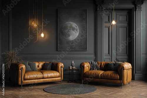 Dark, luxurious living room with leather sofas and moon print