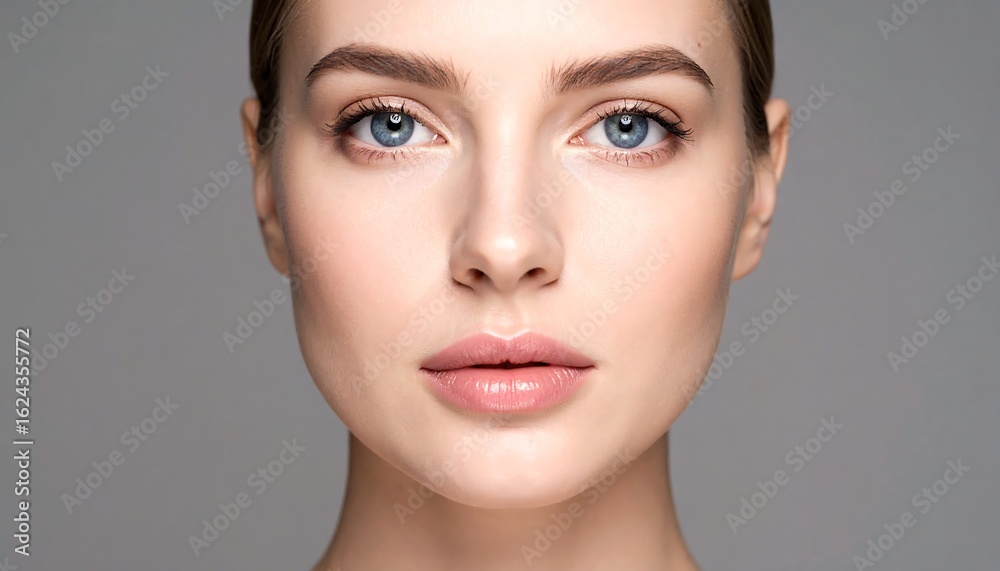 Fototapeta premium Close-up portrait of a woman with clear skin and blue eyes, neutral expression