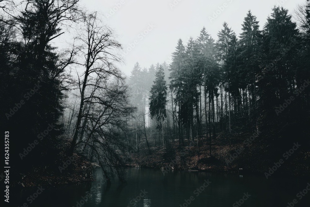 Foggy forest by a still river Foggy forest by a still river