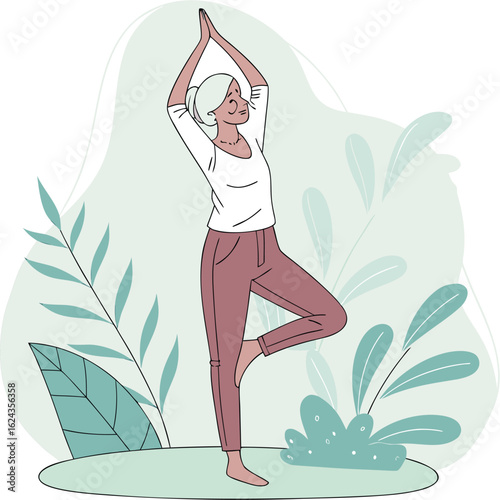 A senior woman doing a standing yoga pose (tree pose) in a garden 2
