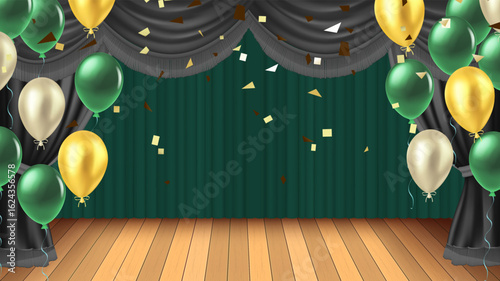 Festive stage setting with luxurious dark green and black velvet curtains, polished wooden floor, and multi  colored green, gold, cream balloons with scattered golden confetti.