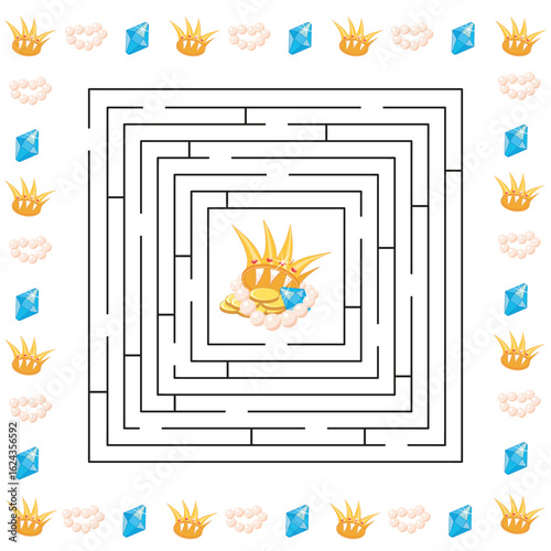Find the way to the treasures. Maze game on white background decorated with jewels. Cartoon vector illustration for children's entertainment.