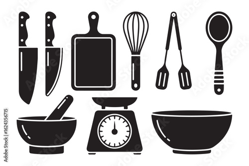 Kitchen Utensils Vector Illustration with Knives Cutting Board Whisk Tongs Spoon Mortar Pestle Scale and Bowl for Culinary Art