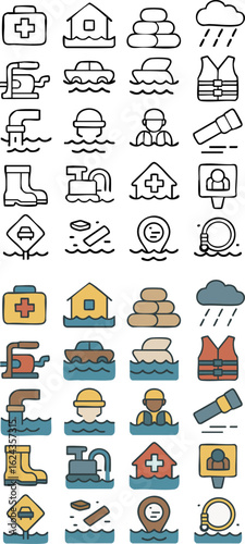 Flood Disaster and Emergency Response Icon Set.