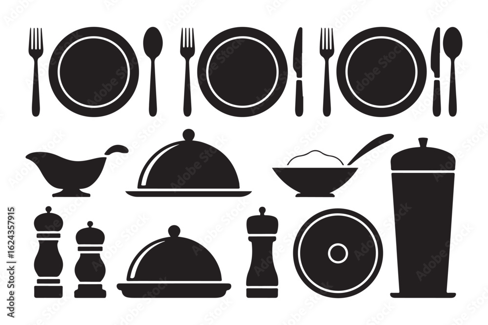 Elegant Dinnerware and Cutlery Silhouette Set for Restaurant and Culinary Design Projects Table Setting Elements Elegant Dinnerware and Cutlery Silhouette Set for Restaurant and Culinary Design Projects Table Setting Elements