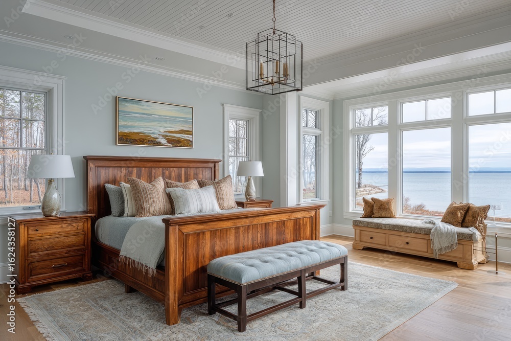 Naklejka premium Luxurious lakefront bedroom with a large window view