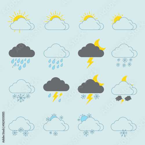 A collection of flat design weather icons representing sunny, cloudy, rainy, snowy, and stormy conditions against a light blue background.