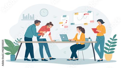 Diverse team collaborating on a project in a modern office. Ideal for website banners, presentations, and marketing materials.