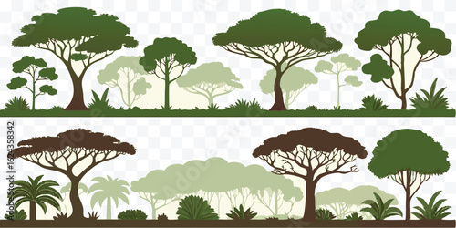 Illustrative Set of Forest Trees and Vegetation in Green and Brown Shades Forest Design Elements
