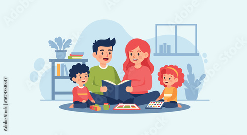 Happy family reading a book together at home, perfect for parenting blogs or children's book websites.