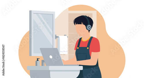 Person working on laptop in bathroom, ideal for remote work, work from home, and freelance lifestyle articles and blogs.