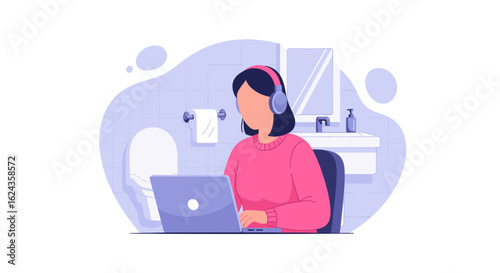 Woman working on laptop in bathroom, perfect for articles about remote work, work-life balance, or modern lifestyles.
