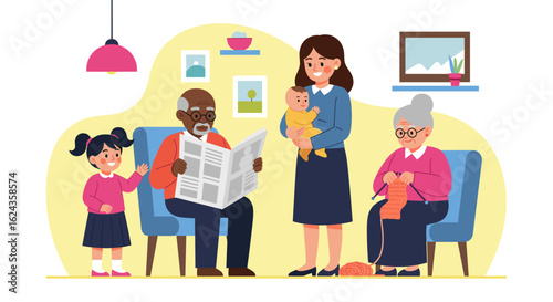 Multi-Generational Family Gathering: Illustration for family, togetherness, and generational connection.