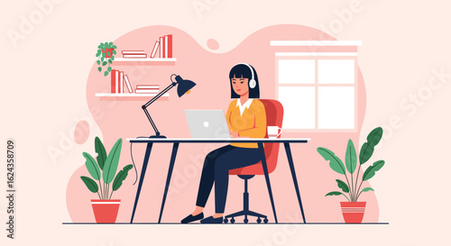 Young woman working from home on laptop, perfect for blog posts about remote work or productivity.