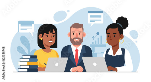 Diverse business team collaborating on laptops, perfect for website banners or marketing materials.