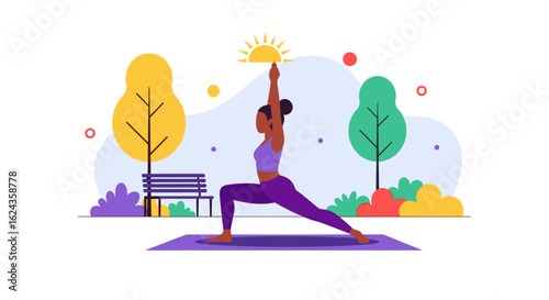 Woman doing yoga in park, perfect for wellness websites or brochures.