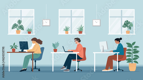 Modern co-working space illustration perfect for websites and brochures showcasing teamwork and productivity.