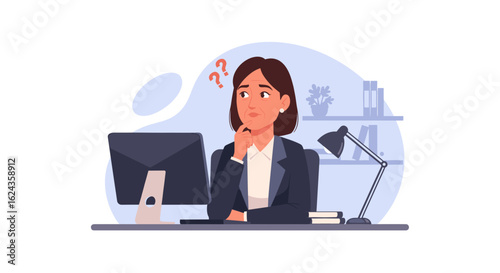 Thoughtful businesswoman at her desk, perfect for websites, blogs, and presentations about business challenges or problem-solving.