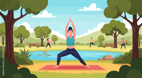 Woman doing yoga in a park, perfect for wellness websites or brochures promoting healthy lifestyles.