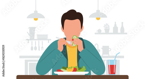 Man eating a healthy salad, perfect for health and wellness websites or brochures.